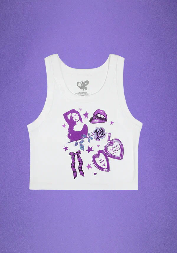 spill ur GUTS on tour crop tank in white